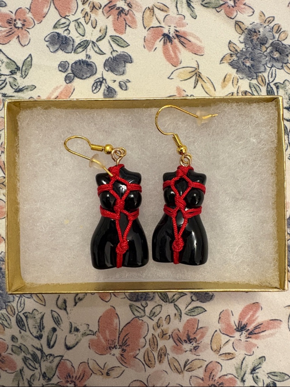Woman’s Body / Bust Pendant Earrings Black with Red Cord Accent - Women Jewelry